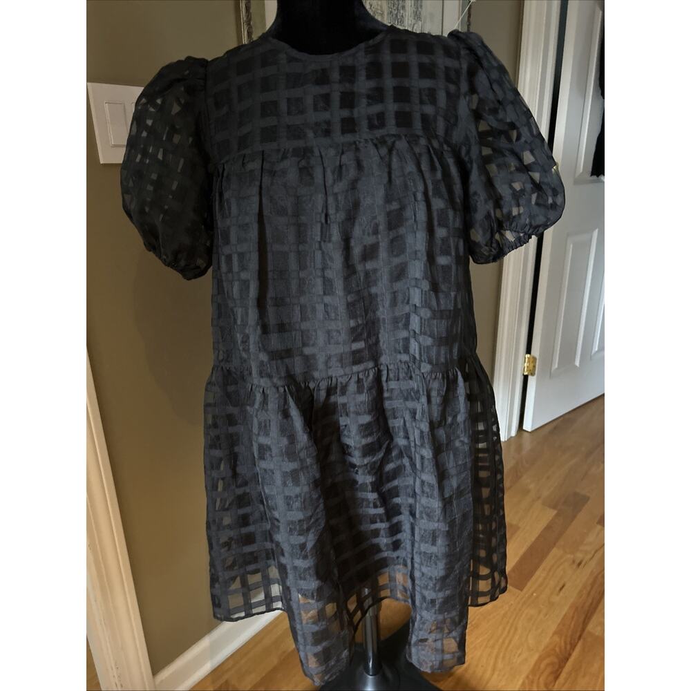English Factory Puffy Sleeve Black Dress window pane semi sheer lined tired sz S